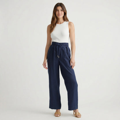 European Linen Wide Leg Pants - Elastic Waist, Drawstring, Front Pockets