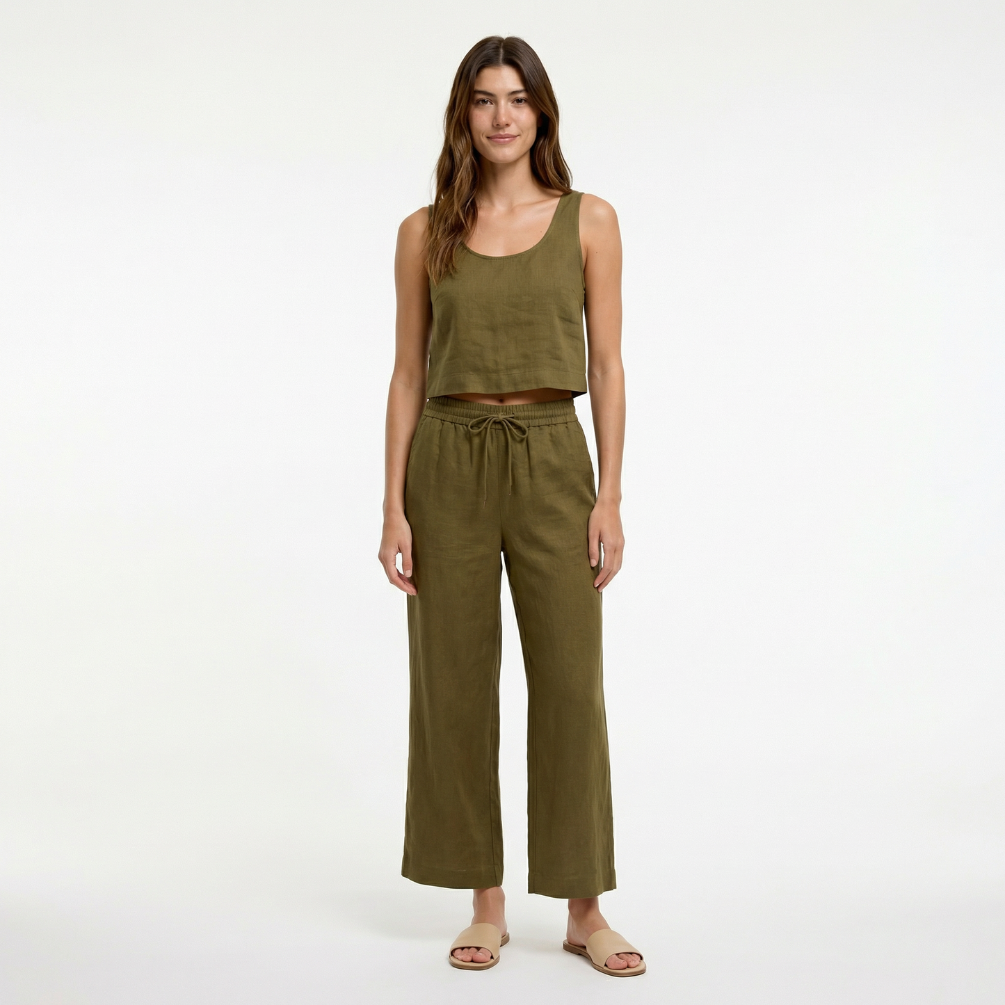 European Linen Wide Leg Pants - Elastic Waist, Drawstring, Front Pockets