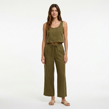European Linen Wide Leg Pants - Elastic Waist, Drawstring, Front Pockets