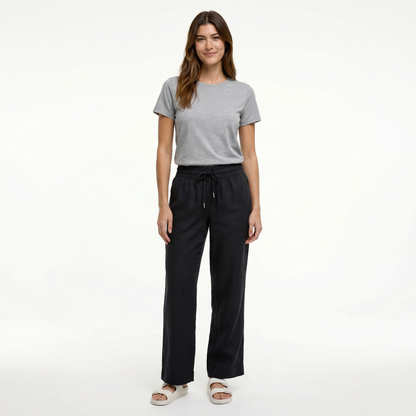 European Linen Wide Leg Pants - Elastic Waist, Drawstring, Front Pockets