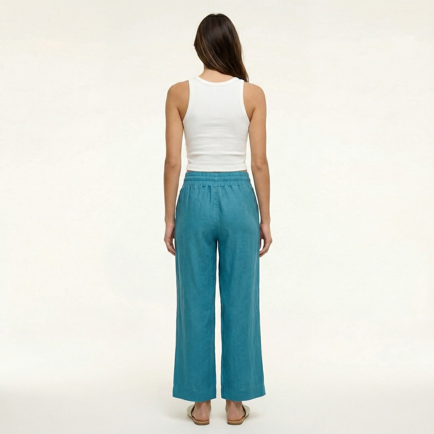 European Linen Wide Leg Pants - Elastic Waist, Drawstring, Front Pockets