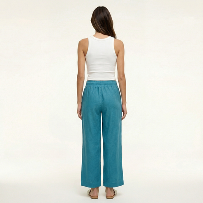 European Linen Wide Leg Pants - Elastic Waist, Drawstring, Front Pockets