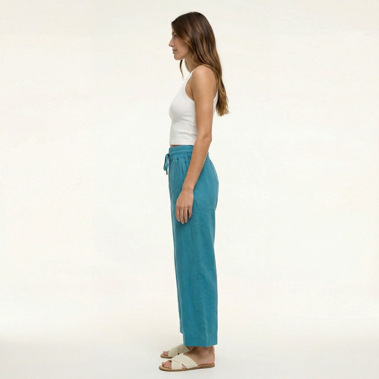 European Linen Wide Leg Pants - Elastic Waist, Drawstring, Front Pockets