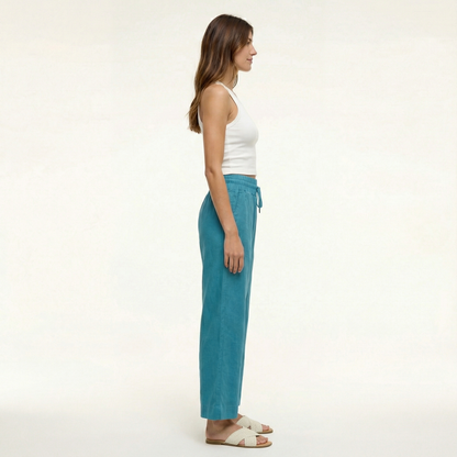 European Linen Wide Leg Pants - Elastic Waist, Drawstring, Front Pockets