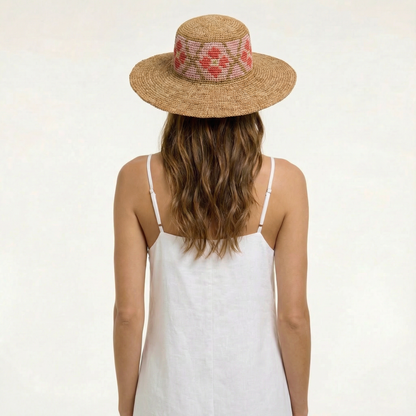 Tan Floral Crochet Sun Hat - Wide Brim, Straw Design