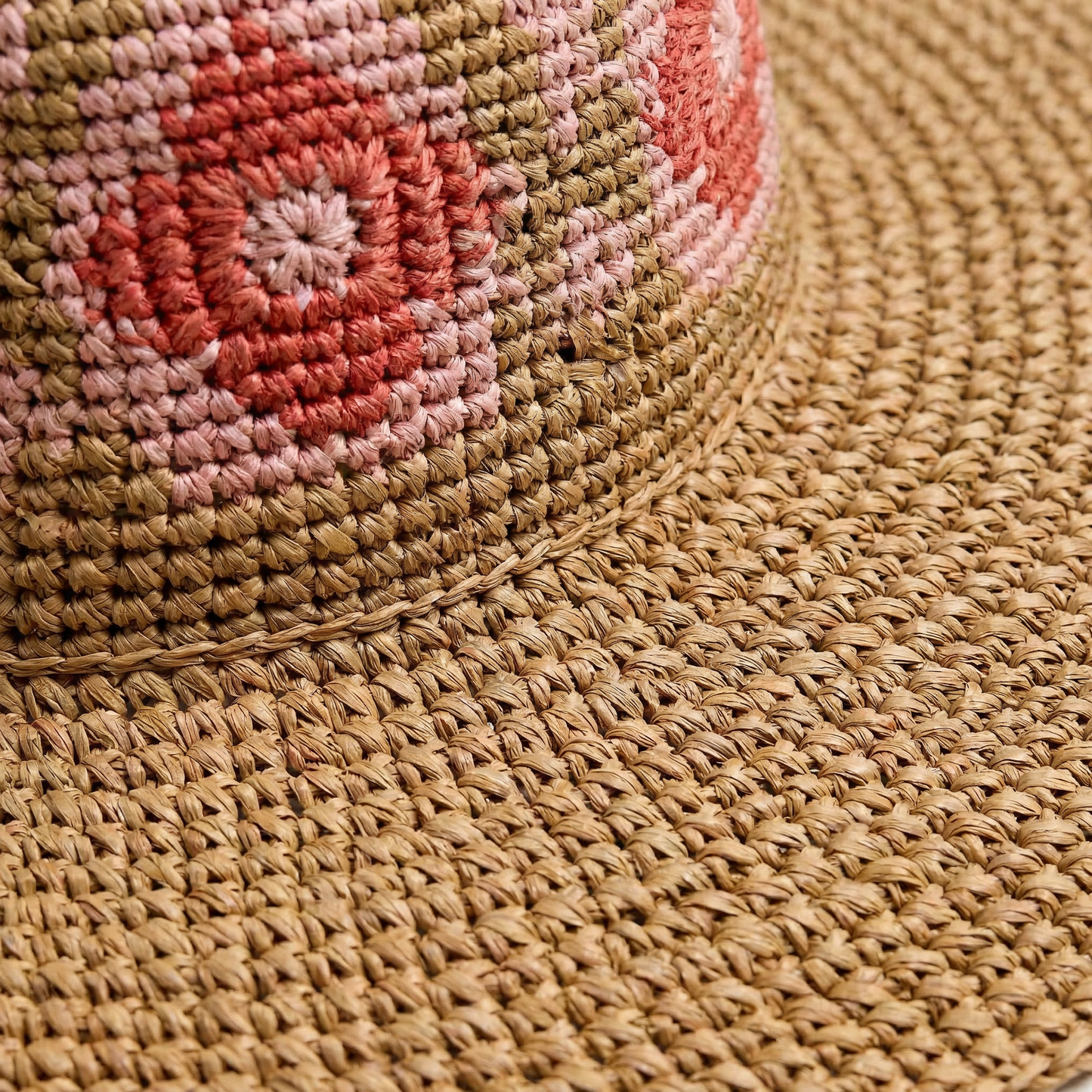 Tan Floral Crochet Sun Hat - Wide Brim, Straw Design