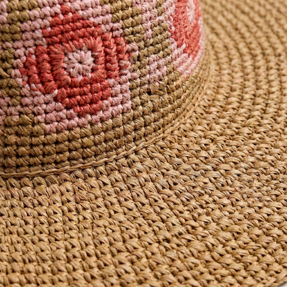 Tan Floral Crochet Sun Hat - Wide Brim, Straw Design