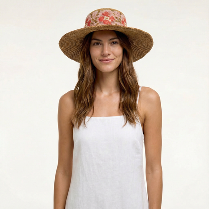Tan Floral Crochet Sun Hat - Wide Brim, Straw Design