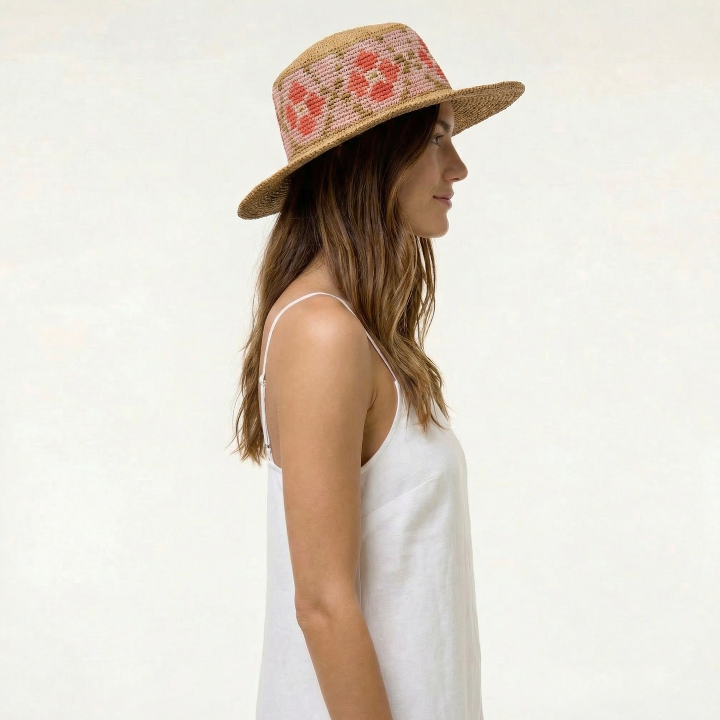 Tan Floral Crochet Sun Hat - Wide Brim, Straw Design