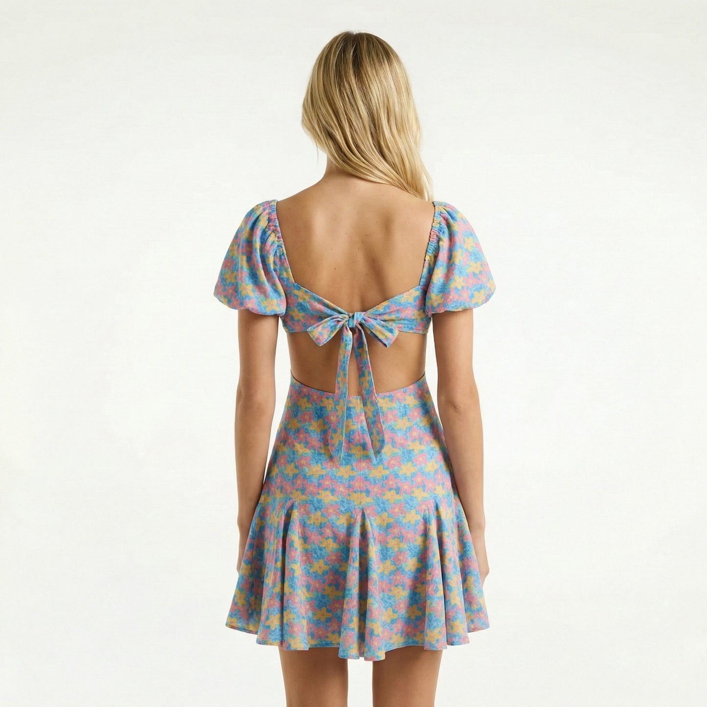 Floral Cut-Out Mini Dress - Plunging Neckline, Short Sleeves, Back Tie