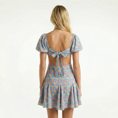 Floral Cut-Out Mini Dress - Plunging Neckline, Short Sleeves, Back Tie