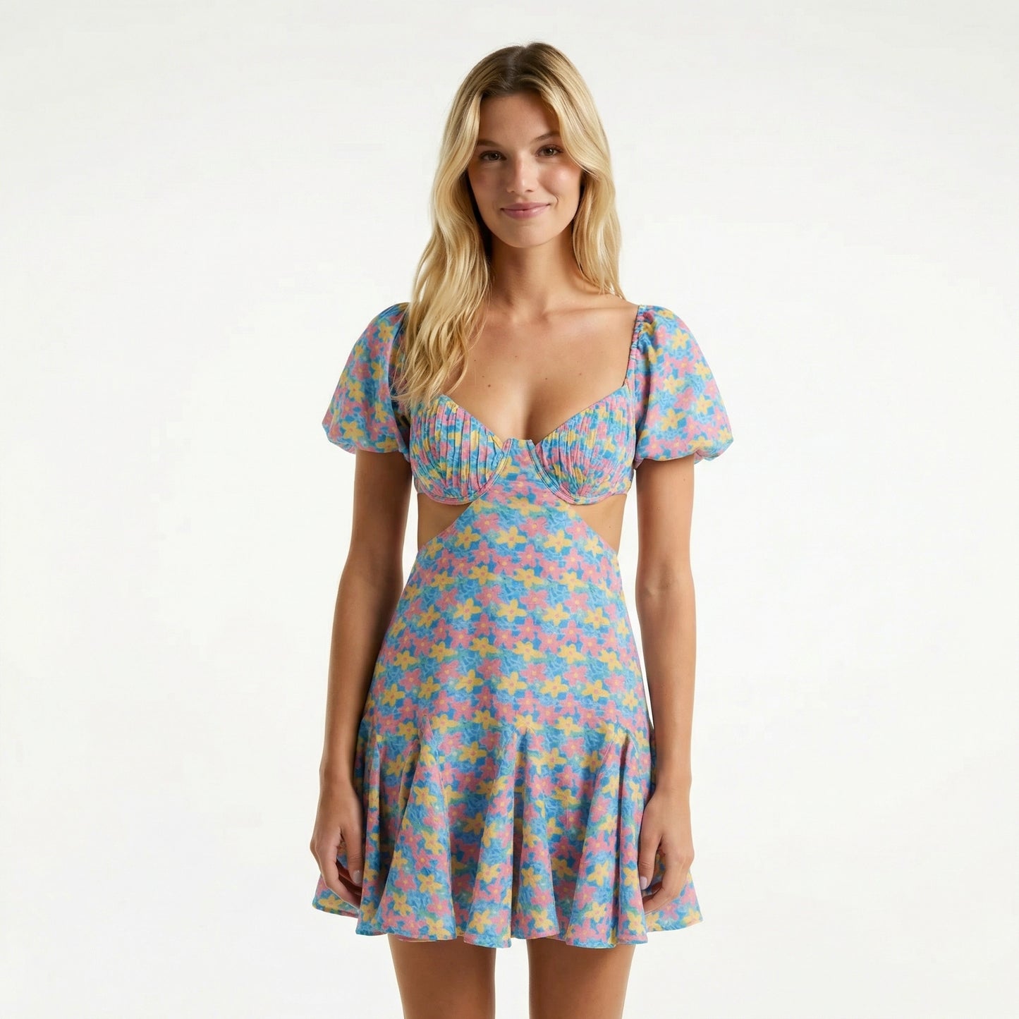 Floral Cut-Out Mini Dress - Plunging Neckline, Short Sleeves, Back Tie