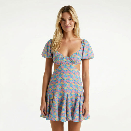 Floral Cut-Out Mini Dress - Plunging Neckline, Short Sleeves, Back Tie