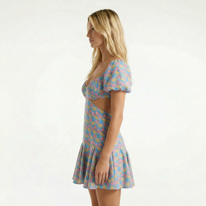 Floral Cut-Out Mini Dress - Plunging Neckline, Short Sleeves, Back Tie