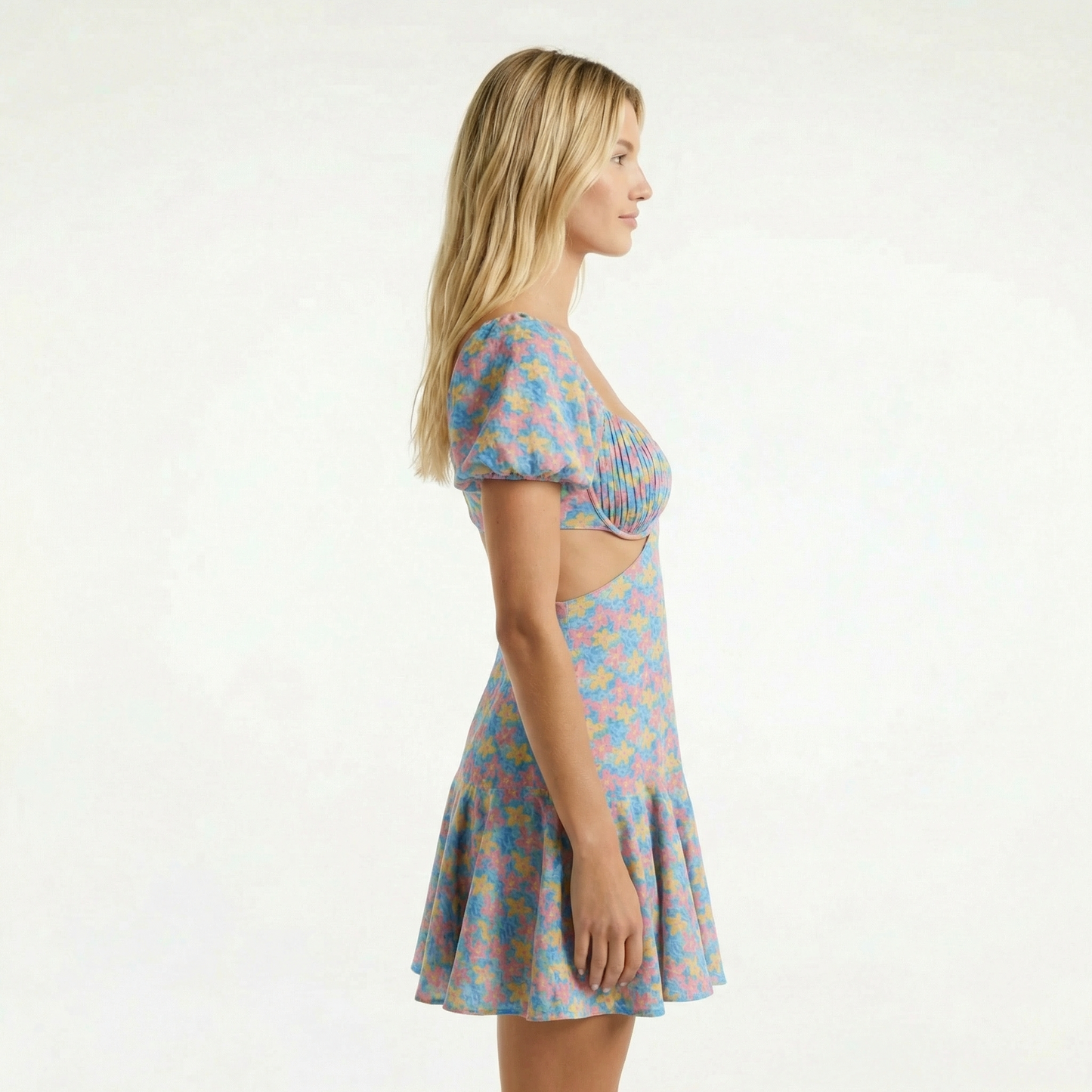 Floral Cut-Out Mini Dress - Plunging Neckline, Short Sleeves, Back Tie