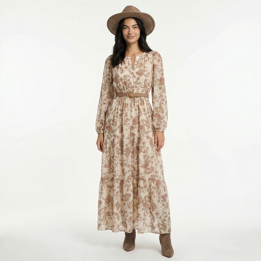 Sky Coconut Floral Maxi Dress - V-Neck, Smocked Waist, Sheer Long Sleeves
