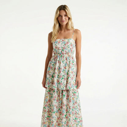White Floral Midi Dress - Tiered Hem, Adjustable Straps, Tie Back