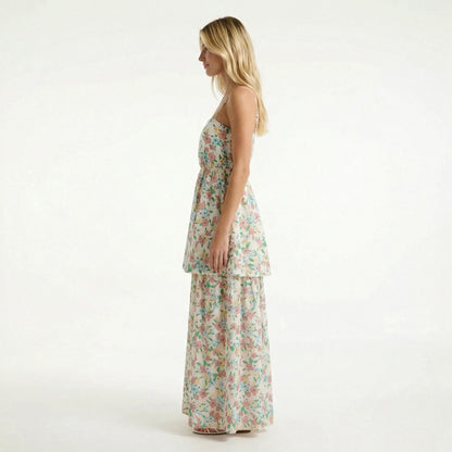 White Floral Midi Dress - Tiered Hem, Adjustable Straps, Tie Back