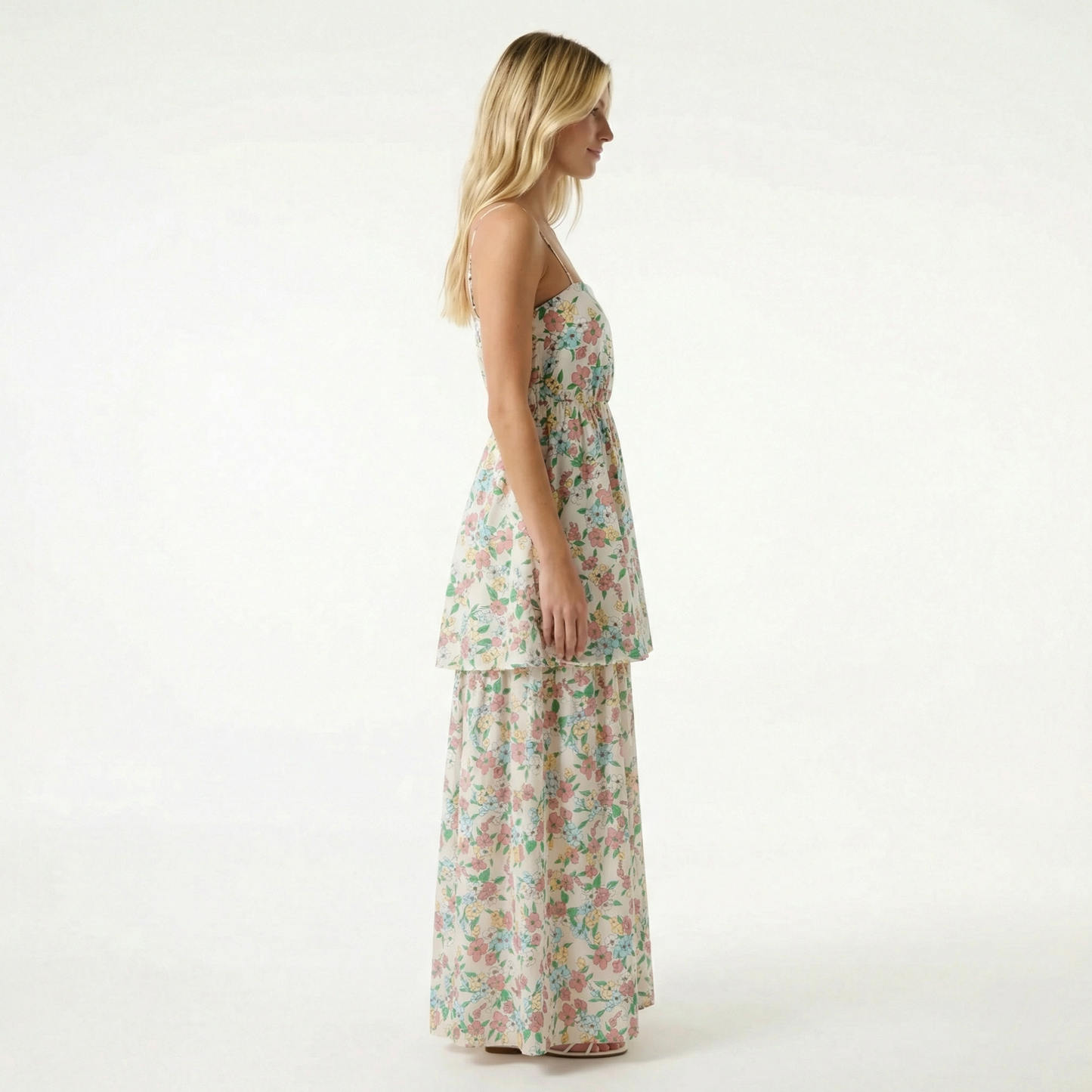 White Floral Midi Dress - Tiered Hem, Adjustable Straps, Tie Back