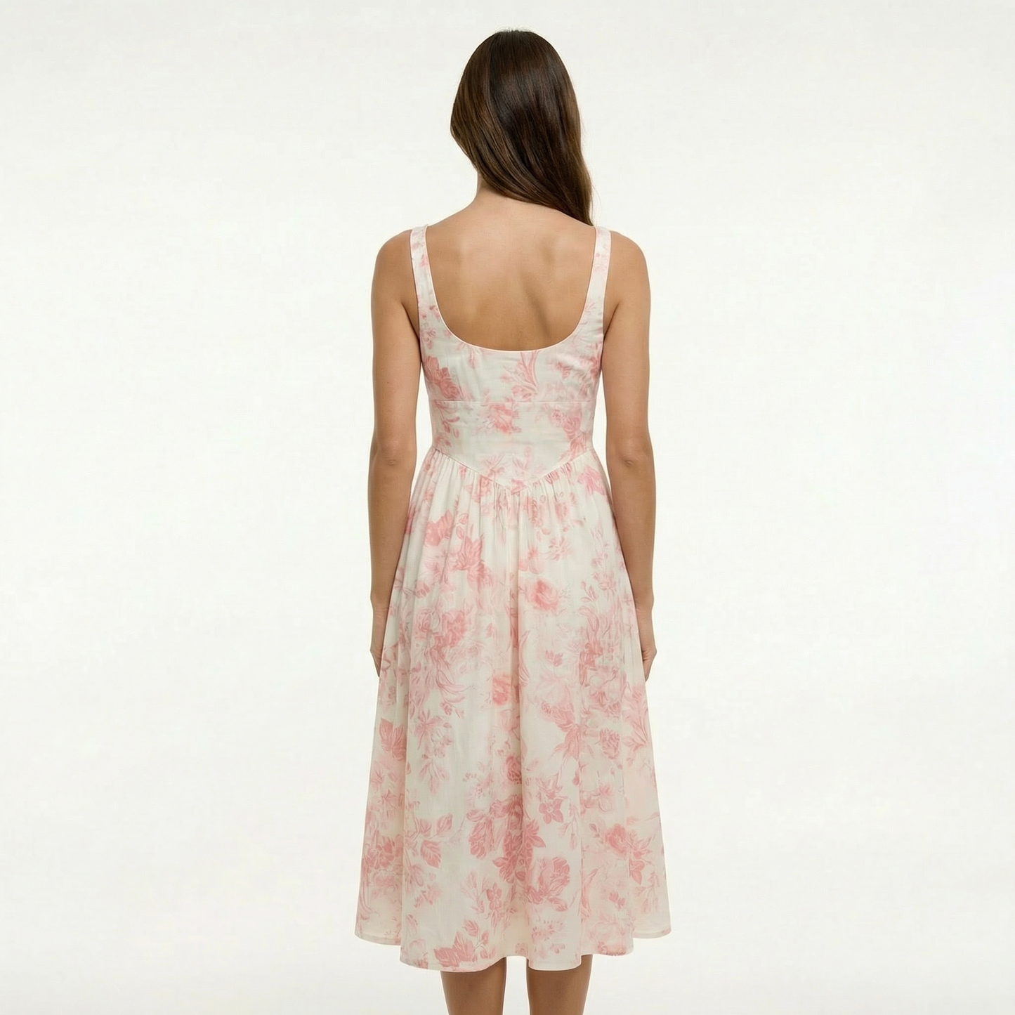 Coral Floral Midi Dress - Sleeveless, Linen Blend, Smocked Back