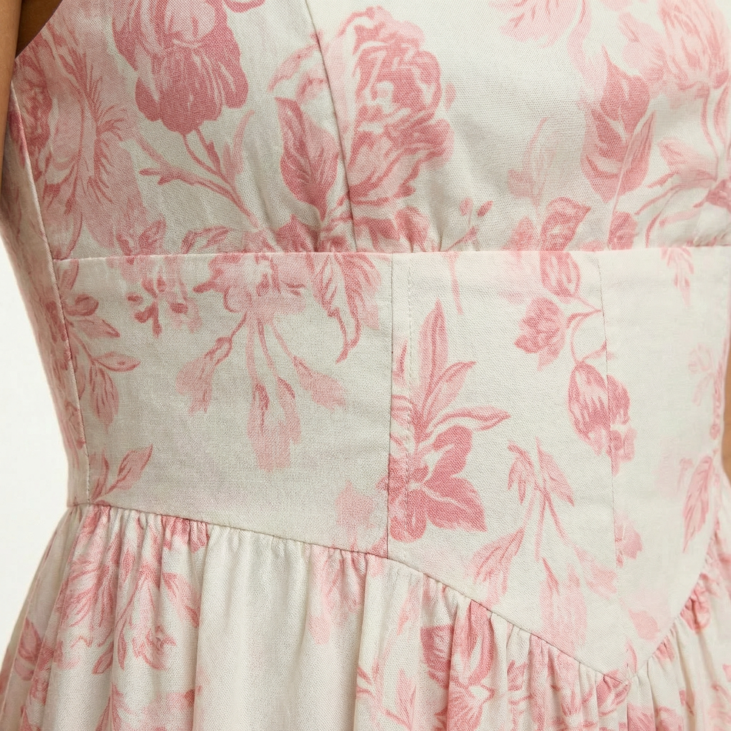 Coral Floral Midi Dress - Sleeveless, Linen Blend, Smocked Back