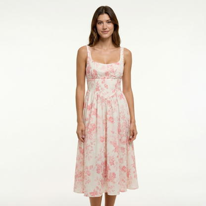 Coral Floral Midi Dress - Sleeveless, Linen Blend, Smocked Back
