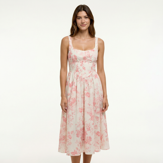 Coral Floral Midi Dress - Sleeveless, Linen Blend, Smocked Back