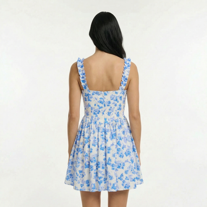 Off White Floral Mini Dress - Sleeveless, Sweetheart Neckline, Smocked Back