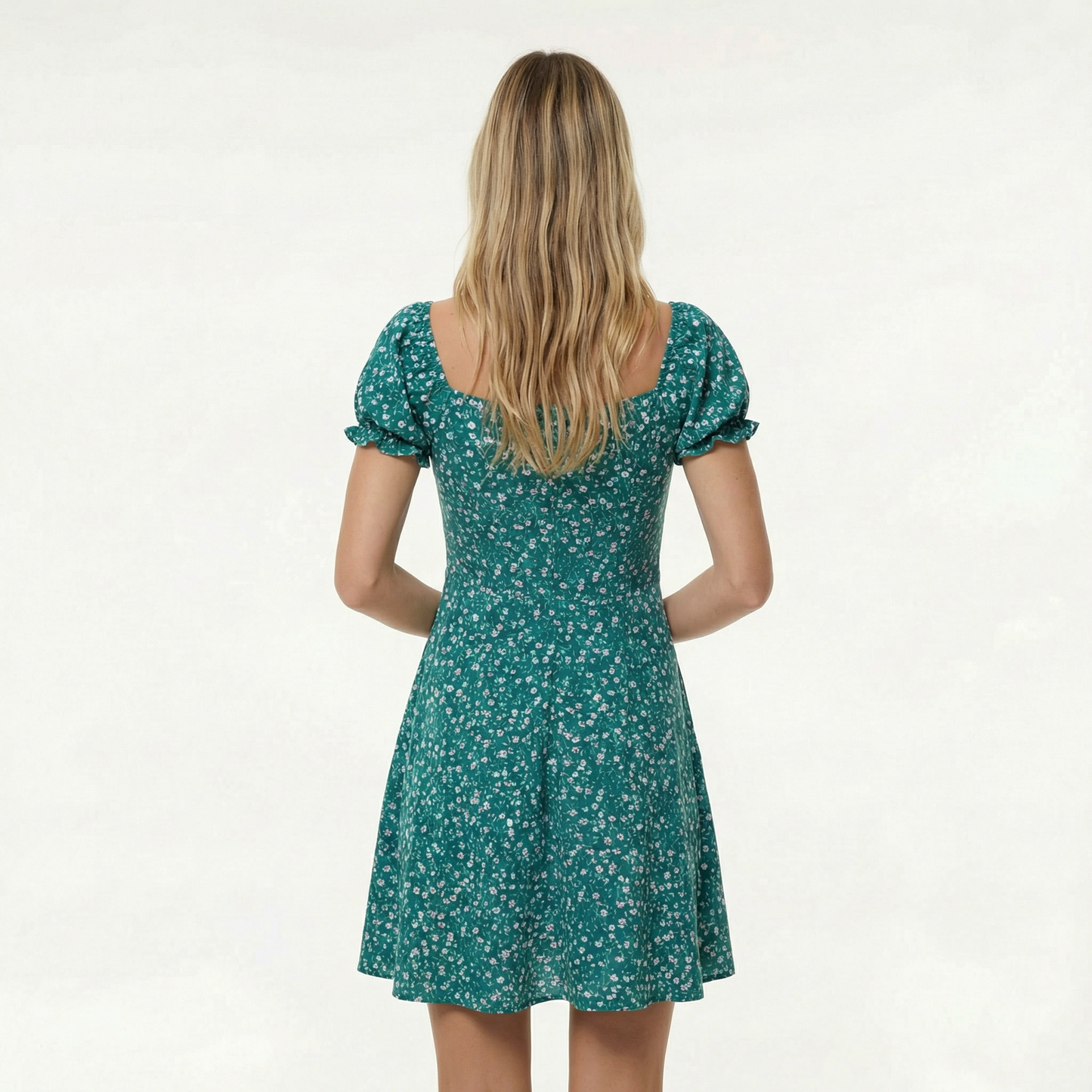 Floral Mini Dress - Square Neck, Puff Sleeve, Front Tie Detail