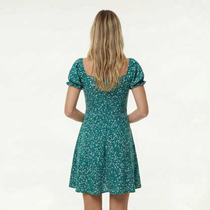 Floral Mini Dress - Square Neck, Puff Sleeve, Front Tie Detail