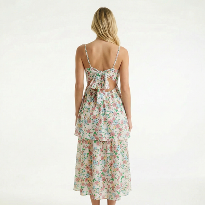 White Floral Midi Dress - Tiered Hem, Adjustable Straps, Tie Back