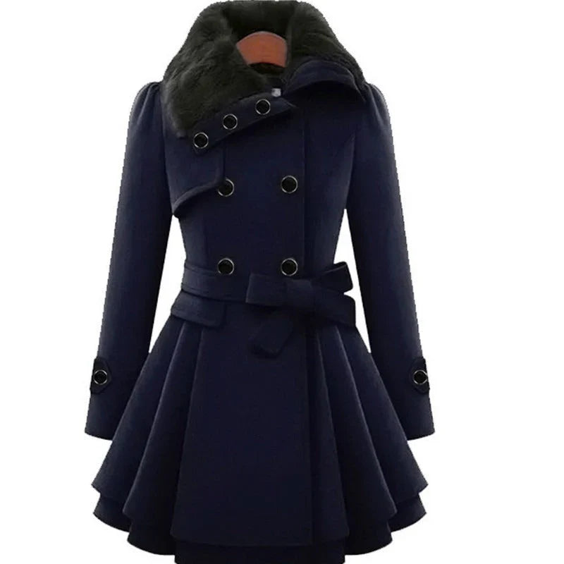 Double-Breasted Fit And Flare Coat With Faux Fur Collar