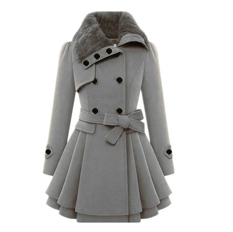 Double-Breasted Fit And Flare Coat With Faux Fur Collar