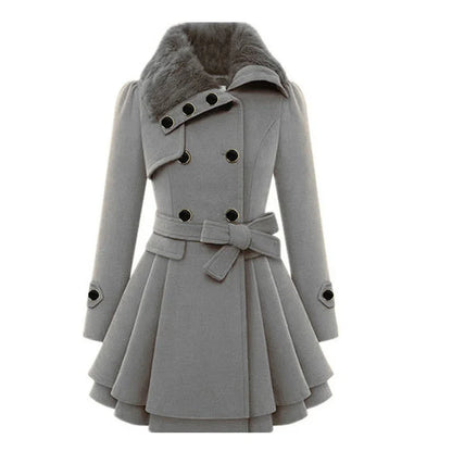 Double-Breasted Fit And Flare Coat With Faux Fur Collar