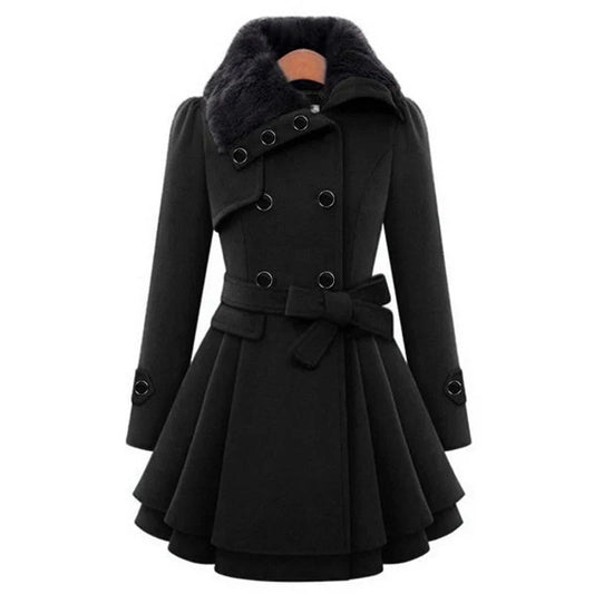 Double-Breasted Fit And Flare Coat With Faux Fur Collar