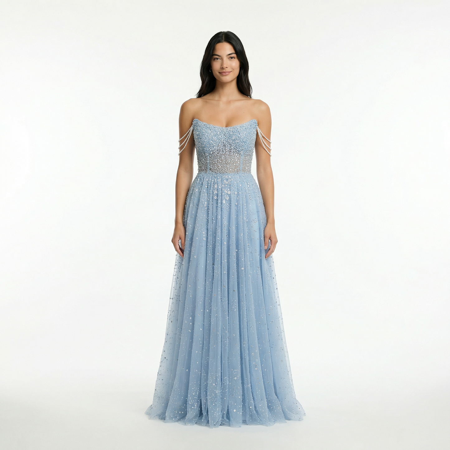 Glitter A-Line Prom Dress - Off Shoulder, Strapless, Sweep Train