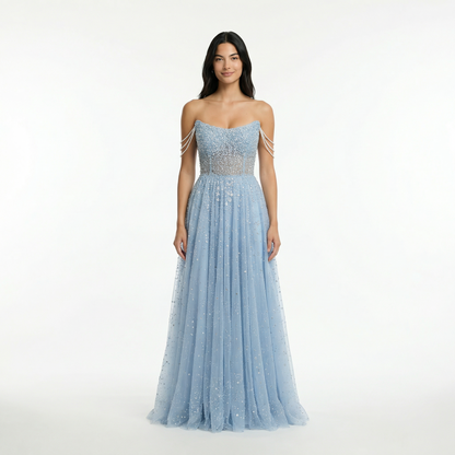 Glitter A-Line Prom Dress - Off Shoulder, Strapless, Sweep Train