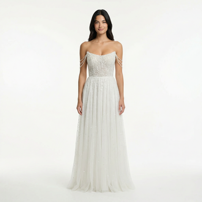 Glitter A-Line Prom Dress - Off Shoulder, Strapless, Sweep Train