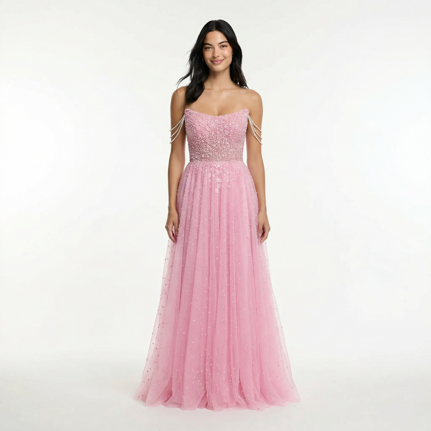 Glitter A-Line Prom Dress - Off Shoulder, Strapless, Sweep Train