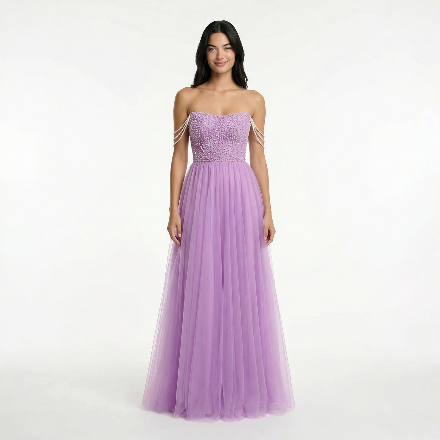 Glitter A-Line Prom Dress - Off Shoulder, Strapless, Sweep Train