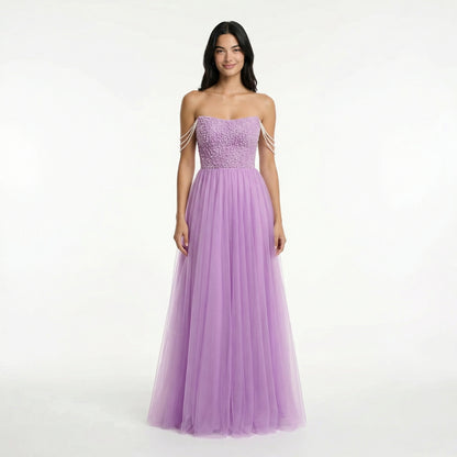 Glitter A-Line Prom Dress - Off Shoulder, Strapless, Sweep Train