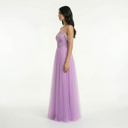 Glitter A-Line Prom Dress - Off Shoulder, Strapless, Sweep Train