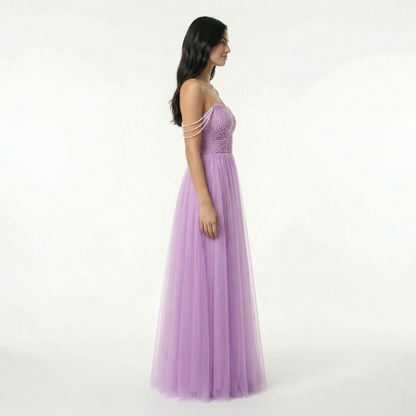 Glitter A-Line Prom Dress - Off Shoulder, Strapless, Sweep Train