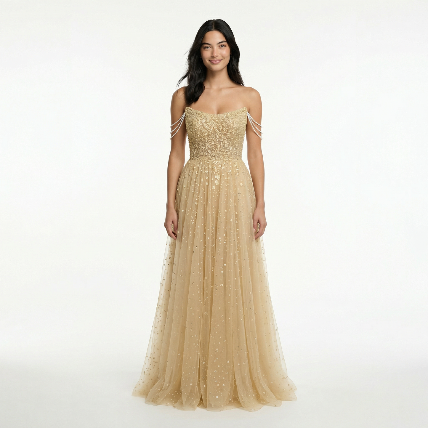 Glitter A-Line Prom Dress - Off Shoulder, Strapless, Sweep Train