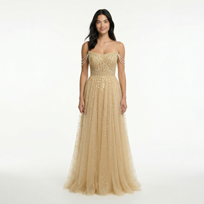 Glitter A-Line Prom Dress - Off Shoulder, Strapless, Sweep Train