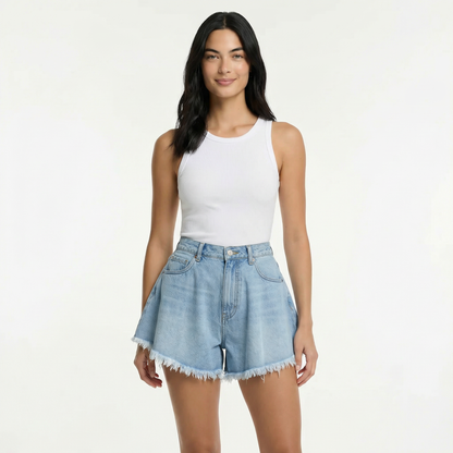 High-Waisted Denim Shorts - Frayed Hem, Casual Fit