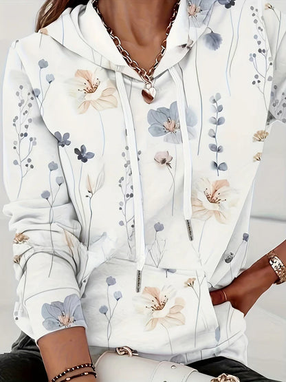 Women’s Floral Print Hoodie – Pullover With Hood, Drawstring and Kangaroo Pocket for Fall Layering