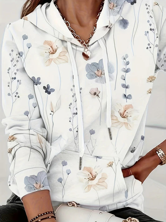 Women’s Floral Print Hoodie – Pullover With Hood, Drawstring and Kangaroo Pocket for Fall Layering