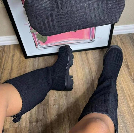 Textured Knit Knee High Boots For Fall Wear