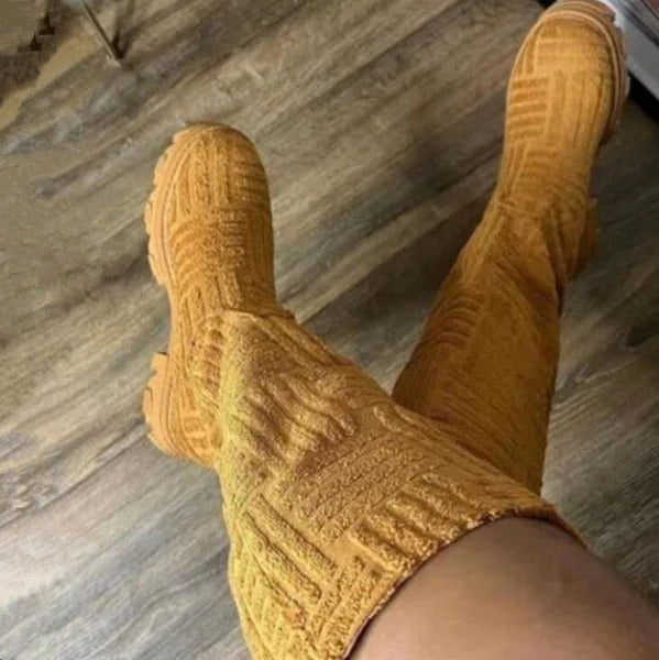 Textured Knit Knee High Boots For Fall Wear
